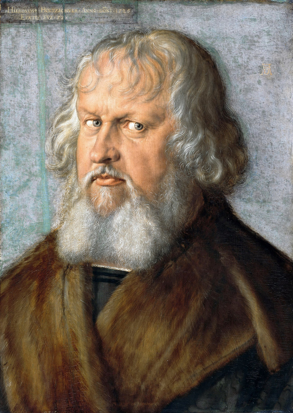 Retrato realista de Hieronymus Holzschuher, um homem de meia-idade com barba branca, cabelos grisalhos e olhar penetrante, vestindo casaco de pele marrom, pintado por Albrecht Dürer no Renascimento Alemão.