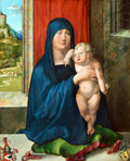 Quadro decorativo de A Virgem e o Menino de Albrecht Dürer, mostrando Maria em um manto azul segurando o Menino Jesus, com uma paisagem montanhosa ao fundo e um interior rico em detalhes.