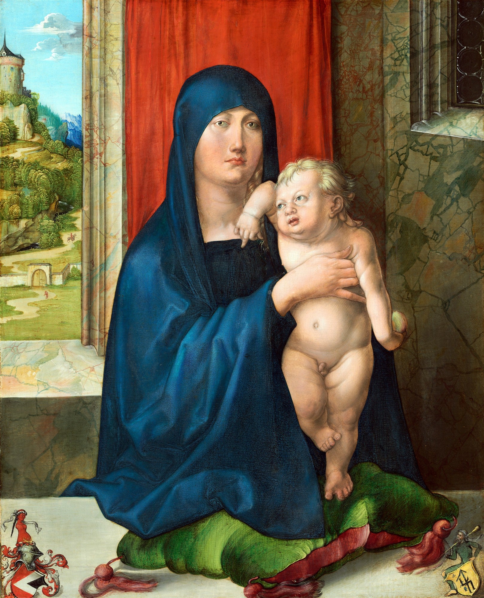 Quadro decorativo de A Virgem e o Menino de Albrecht Dürer, mostrando Maria em um manto azul segurando o Menino Jesus, com uma paisagem montanhosa ao fundo e um interior rico em detalhes.