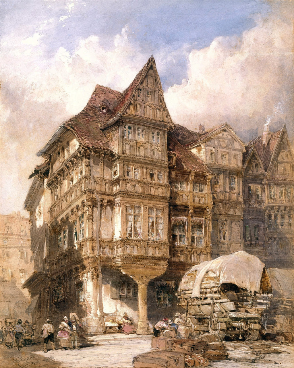Quadro decorativo com imagem de 'Casas de Nuremberga' de Dürer, mostrando edifícios históricos com telhados pontiagudos, pessoas e carroças em uma rua movimentada sob um céu dramático.