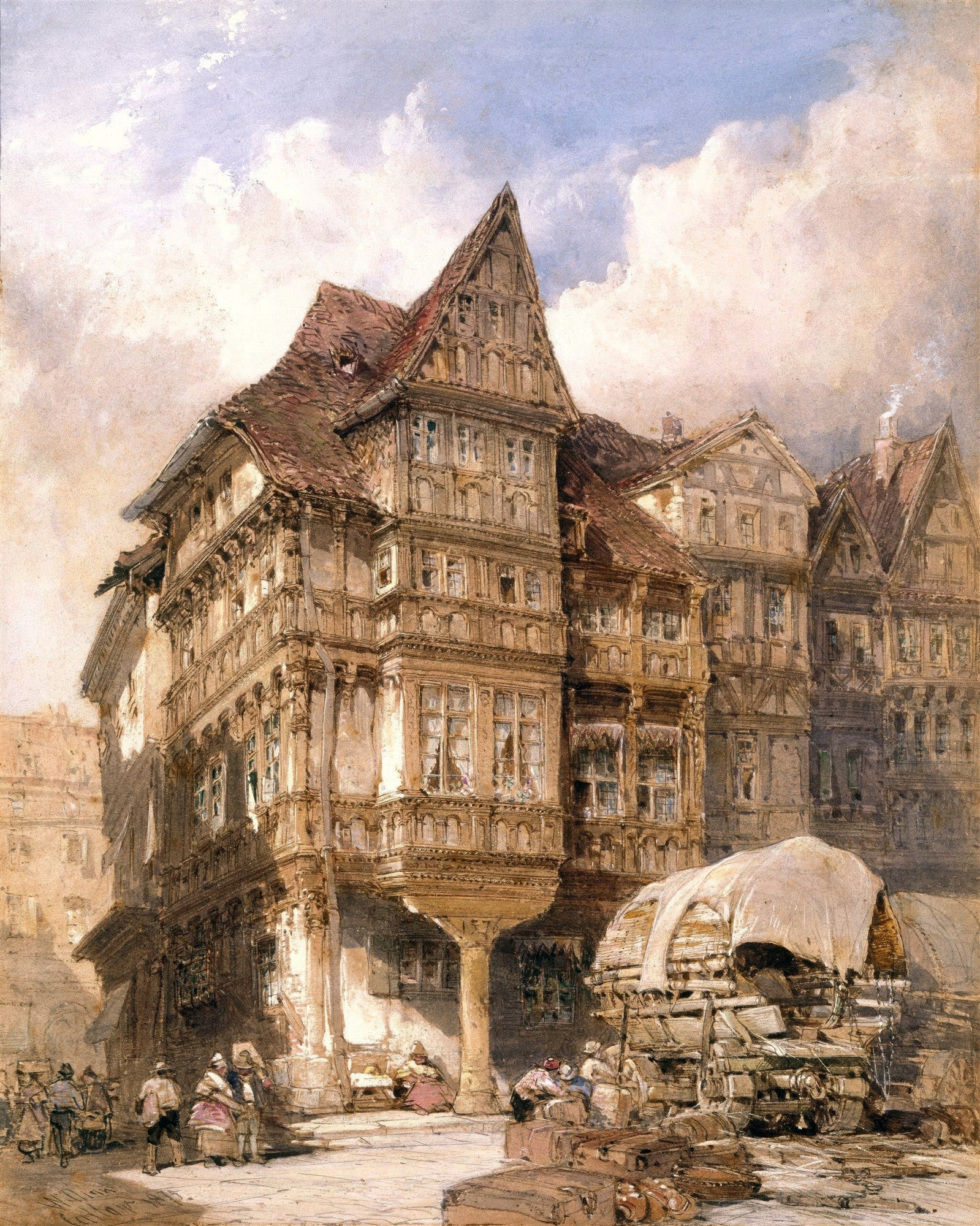 Quadro decorativo com imagem de 'Casas de Nuremberga' de Dürer, mostrando edifícios históricos com telhados pontiagudos, pessoas e carroças em uma rua movimentada sob um céu dramático.