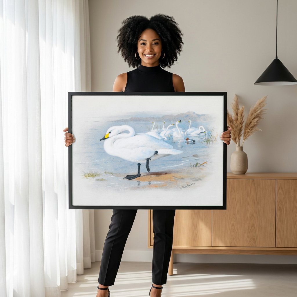 Quadro Decorativo Cisnes Reais - Archibald Thorburn com modelo em ambiente