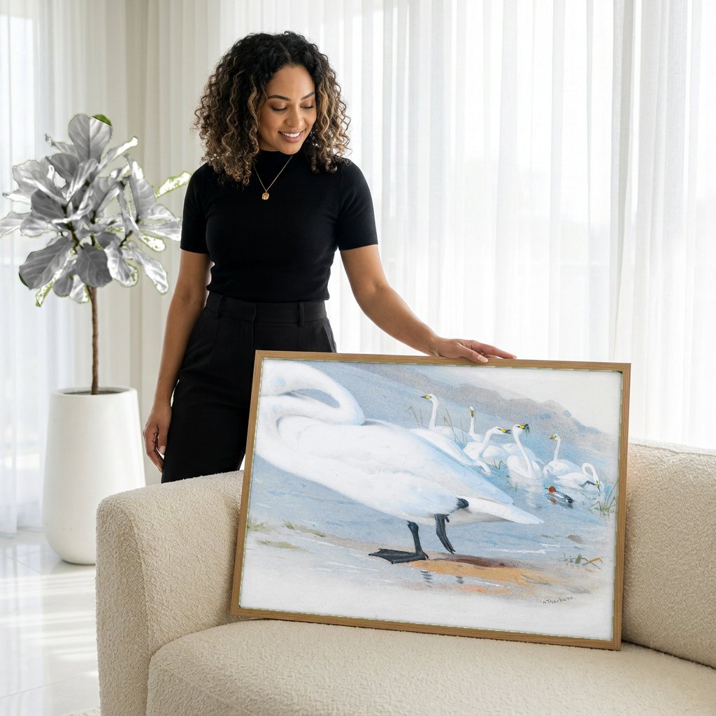 Quadro Decorativo Cisnes Reais - Archibald Thorburn com modelo em ambiente