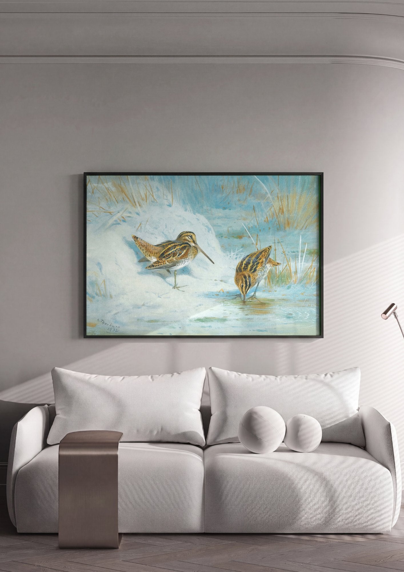 Quadro Decorativo Aves na Neve - Archibald Thorburn em ambiente decorado