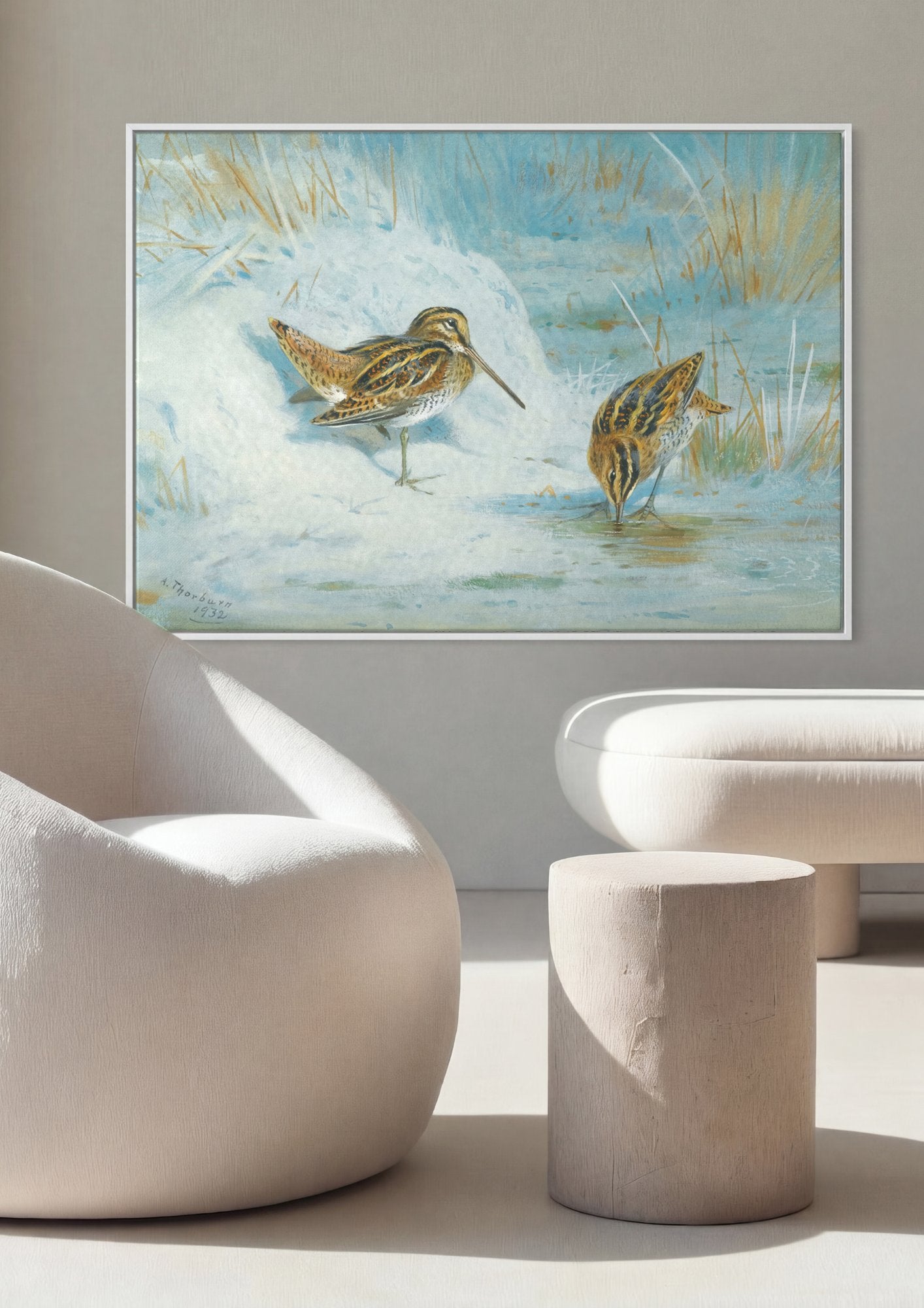 Quadro Decorativo Aves na Neve - Archibald Thorburn em ambiente decorado