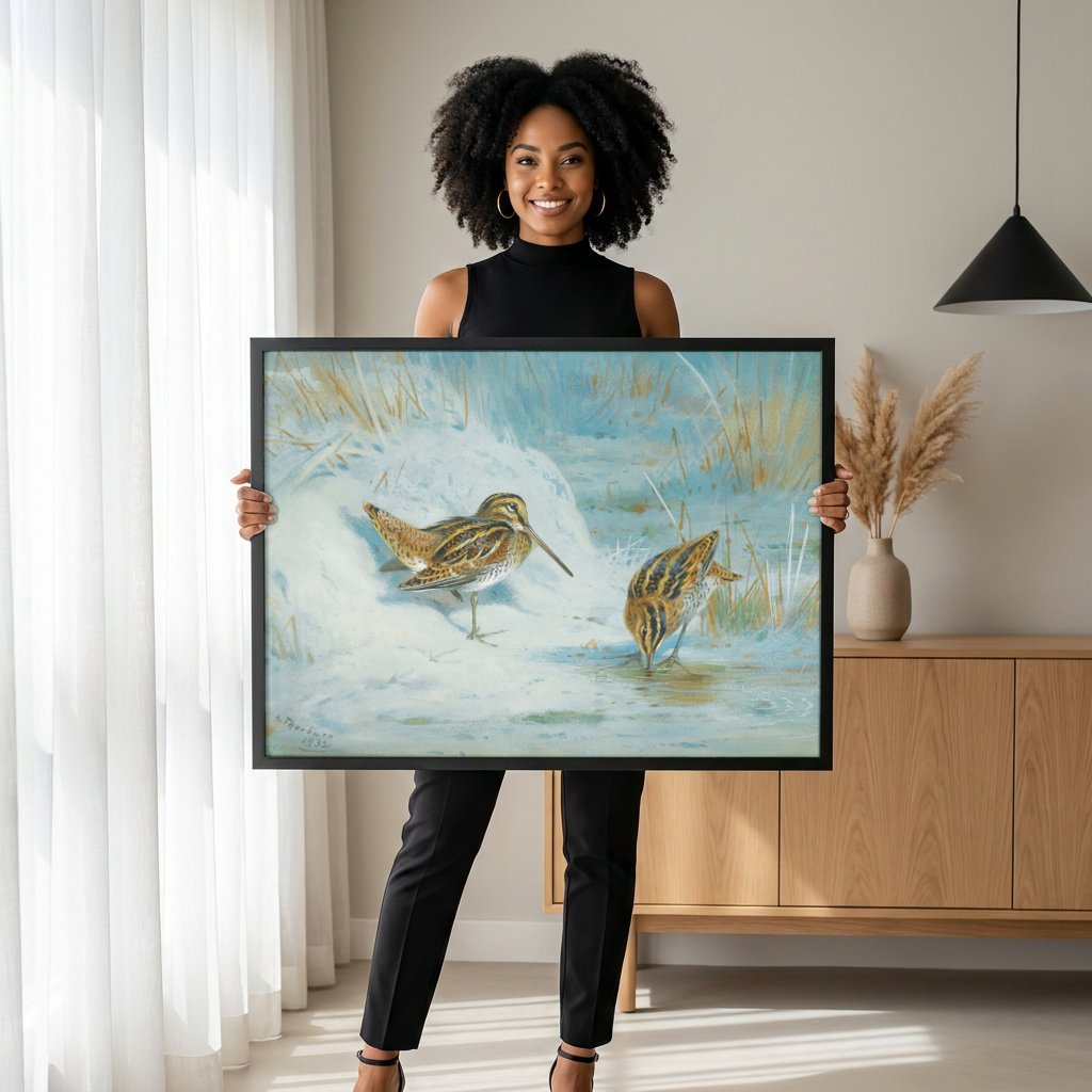 Quadro Decorativo Aves na Neve - Archibald Thorburn com modelo em ambiente