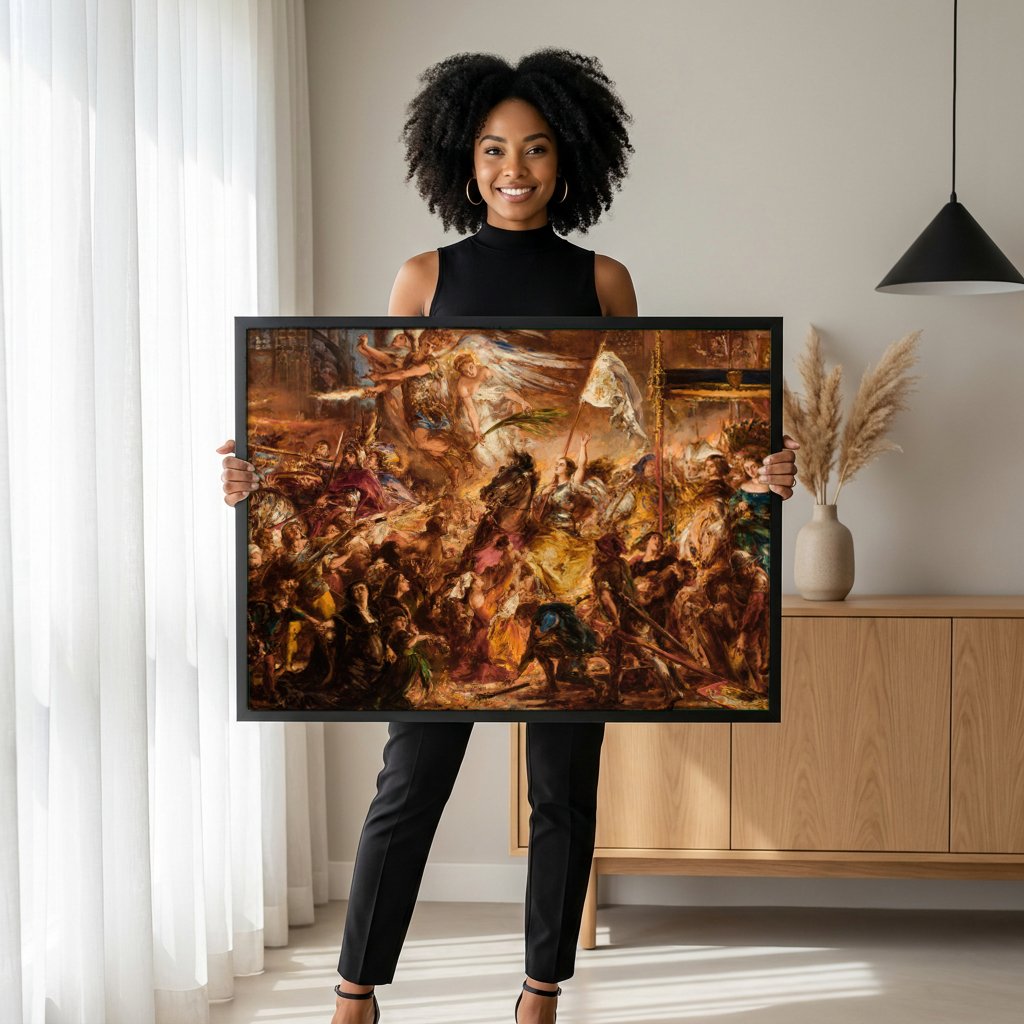 Quadro Decorativo A Batalha de Grunwald - Jan Matejko com modelo em ambiente