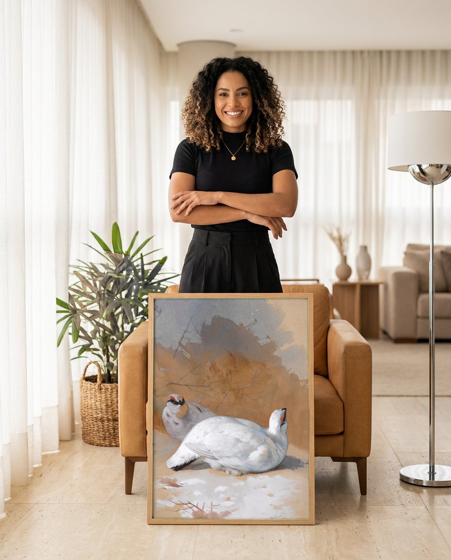 Quadro Decorativo Aves na Neve - Archibald Thorburn com modelo em ambiente