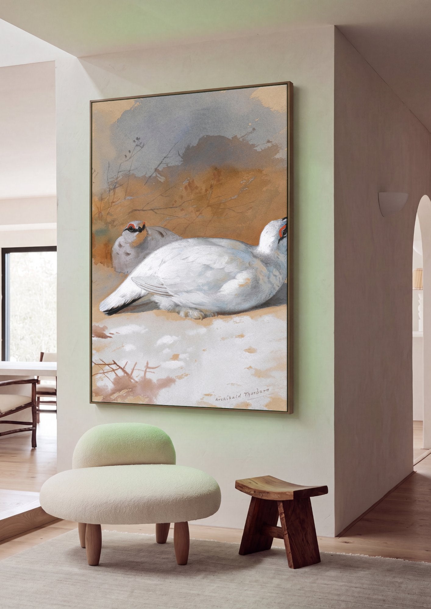 Quadro Decorativo Aves na Neve - Archibald Thorburn em ambiente decorado