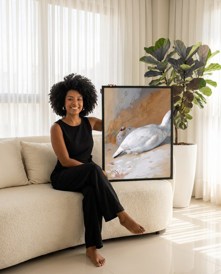 Quadro Decorativo Aves na Neve - Archibald Thorburn com modelo em ambiente