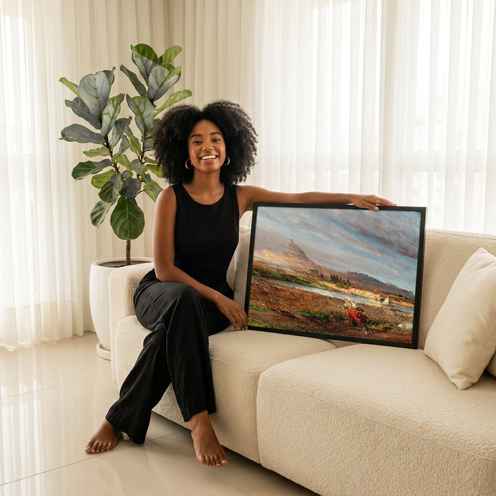 Quadro Decorativo Paisagem Romana - Oswald Achenbach com modelo em ambiente