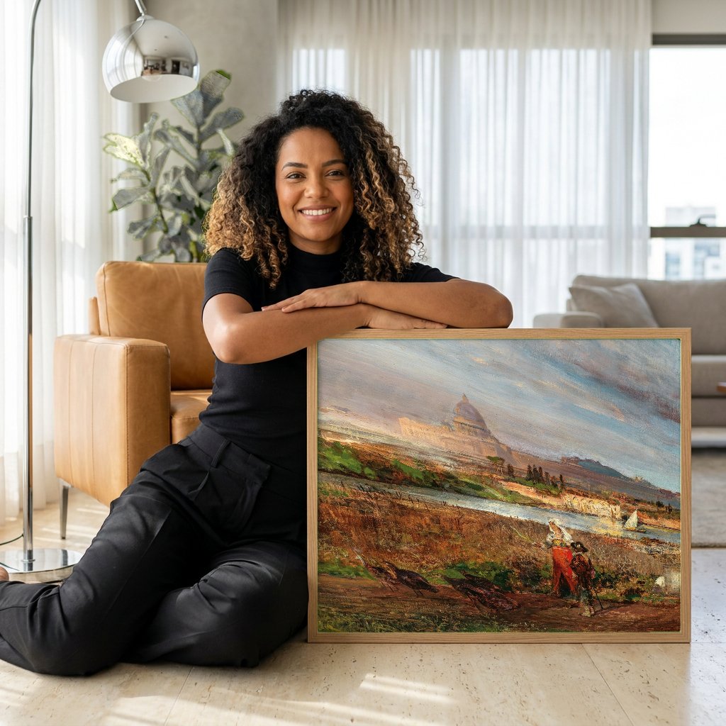 Quadro Decorativo Paisagem Romana - Oswald Achenbach com modelo em ambiente