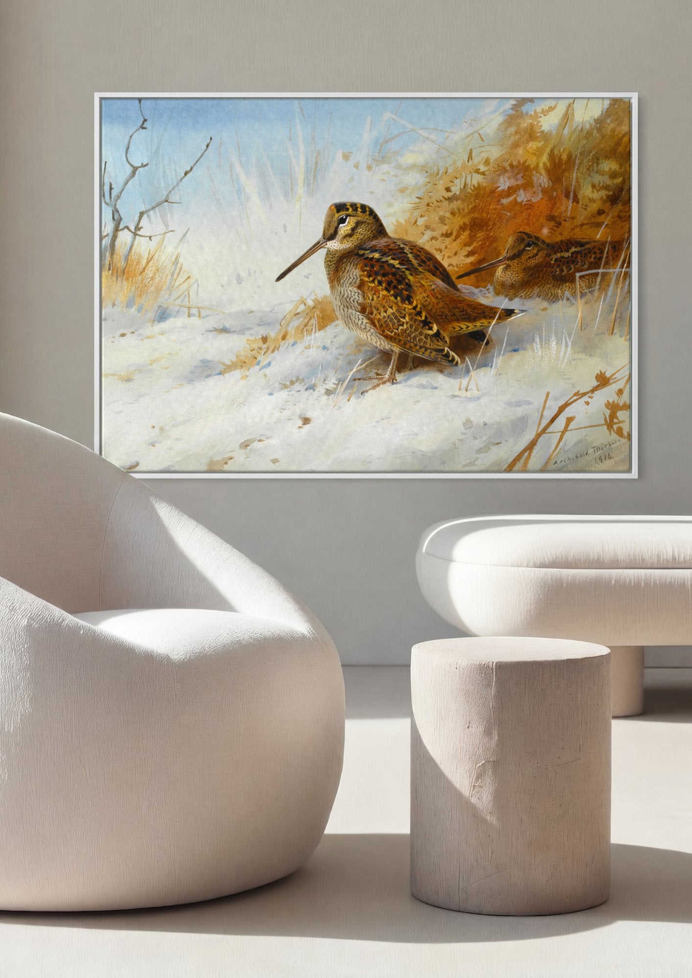 Quadro Decorativo Aves na Neve - Archibald Thorburn em ambiente decorado