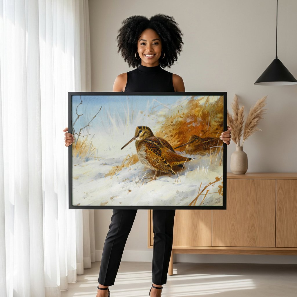 Quadro Decorativo Aves na Neve - Archibald Thorburn com modelo em ambiente