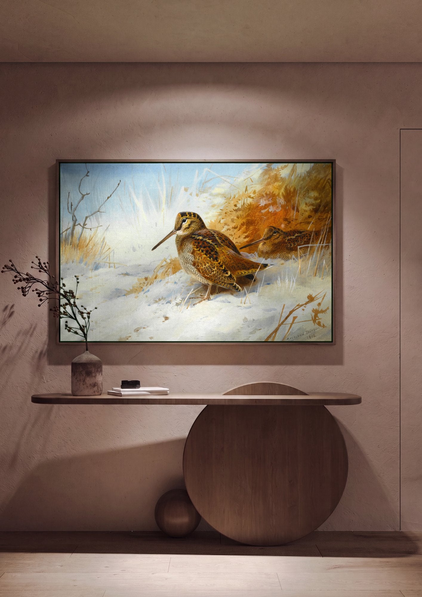 Quadro Decorativo Aves na Neve - Archibald Thorburn em ambiente decorado