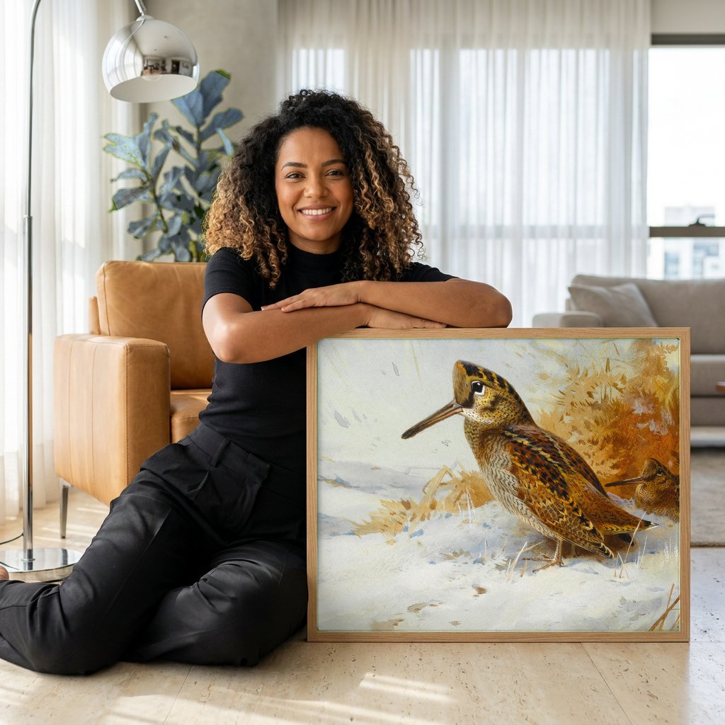 Quadro Decorativo Aves na Neve - Archibald Thorburn com modelo em ambiente