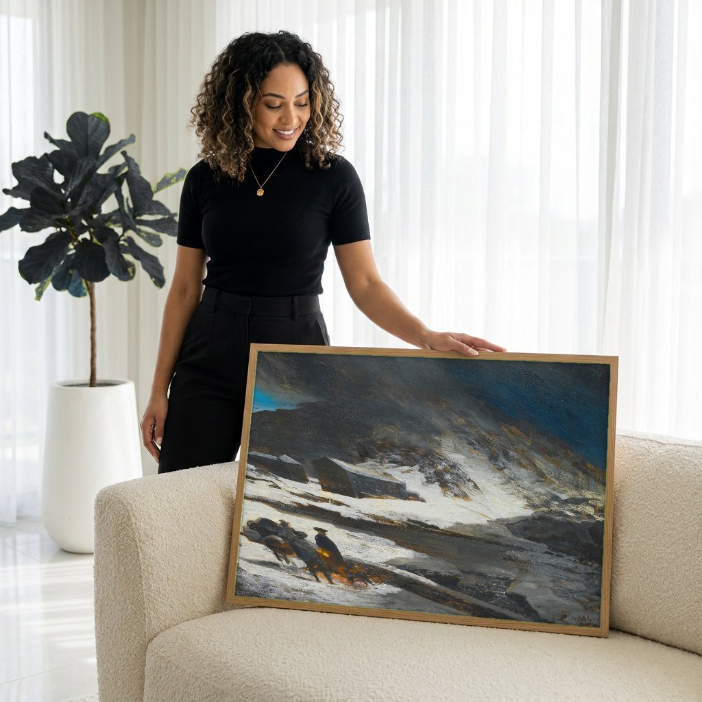 Quadro Decorativo Paisagem Nevada - Oswald Achenbach com modelo em ambiente