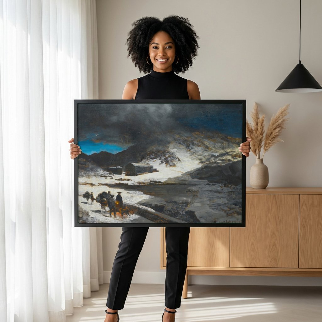 Quadro Decorativo Paisagem Nevada - Oswald Achenbach com modelo em ambiente