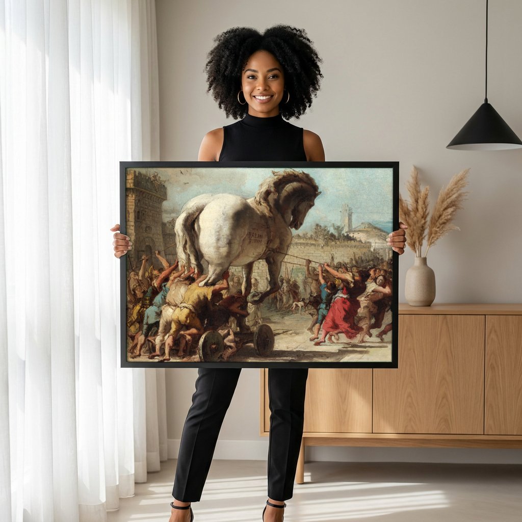 Quadro Decorativo A Procissão do Cavalo de Troia - Tiepolo com modelo em ambiente