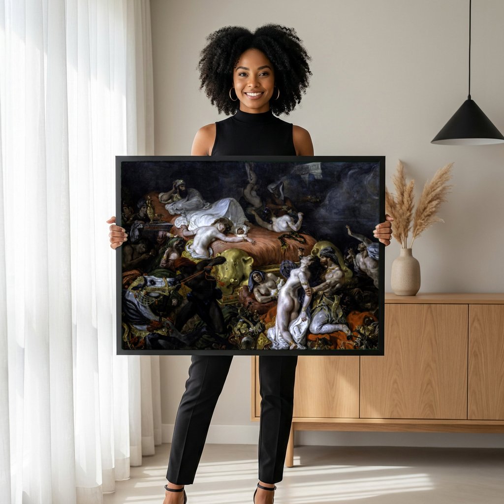 Quadro Decorativo A Morte de Sardanápalos - Delacroix com modelo em ambiente