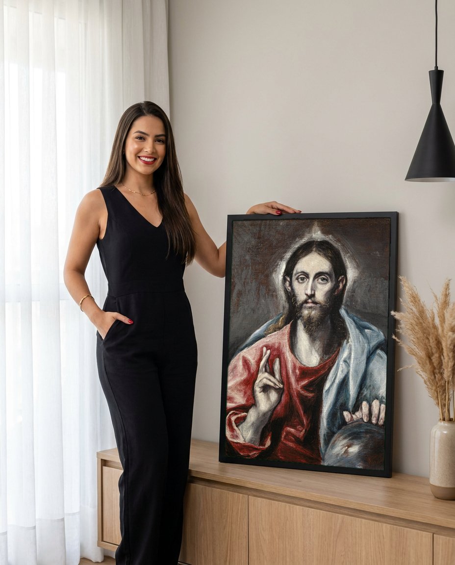 Quadro Decorativo Cristo Abencoando (Salvator Mundi) - El Greco com modelo em ambiente