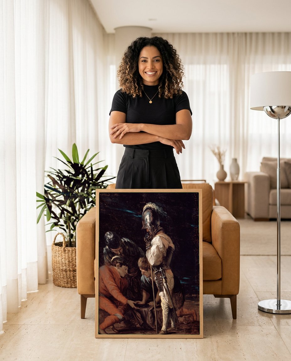Quadro Decorativo A Roda da Fortuna - Salvator Rosa com modelo em ambiente