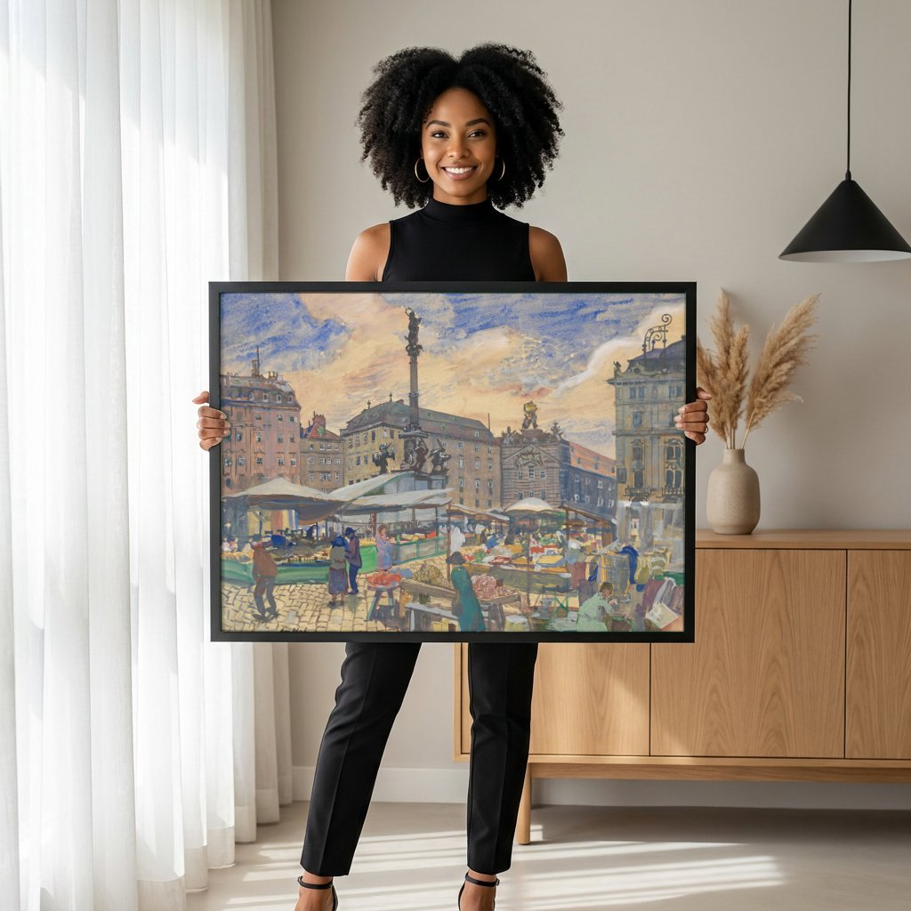 Quadro Decorativo Mercado Vibrante em Am Hof - Oskar Laske com modelo em ambiente