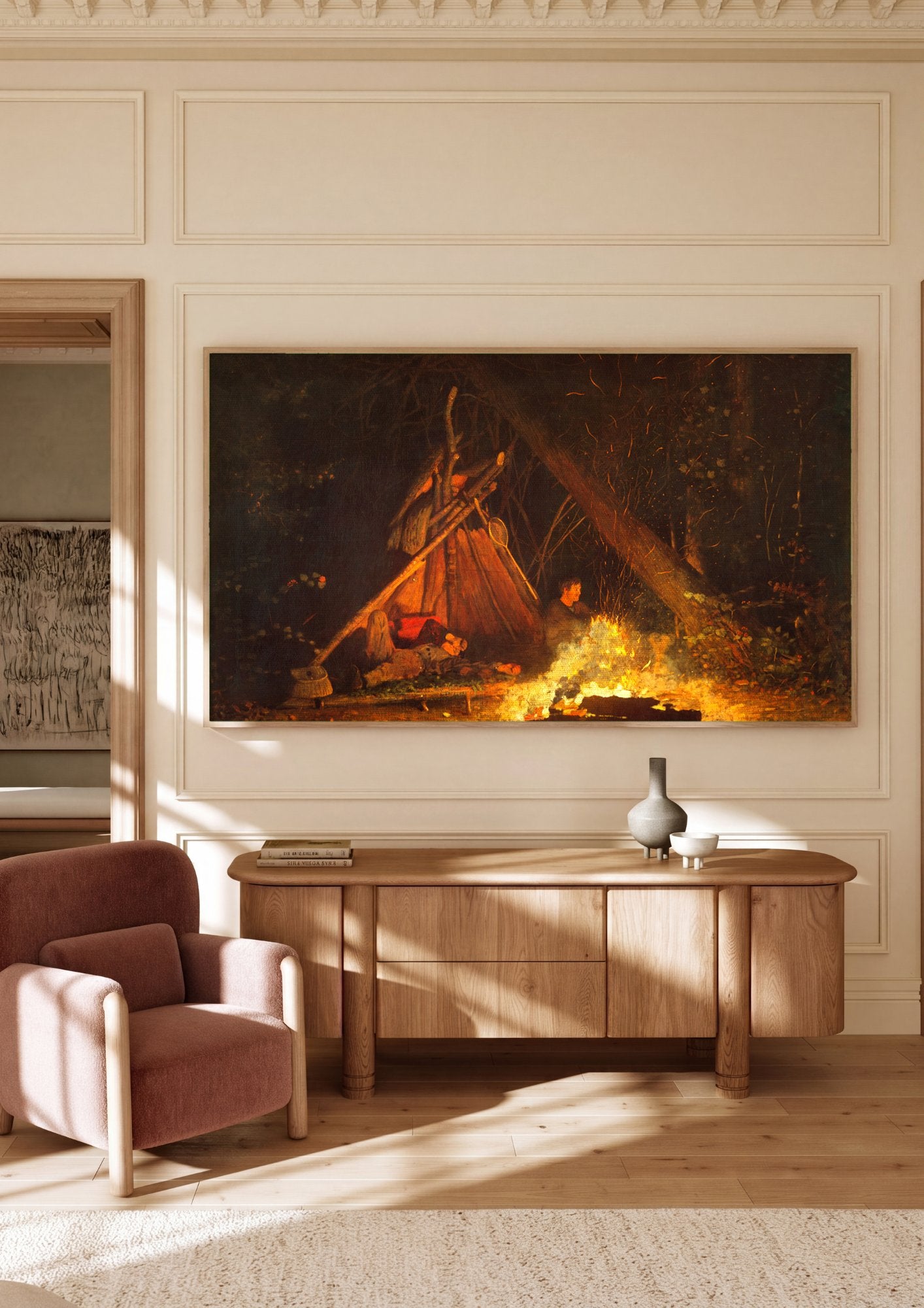 Quadro Decorativo A Fogueira do Acampamento - Winslow Homer em ambiente decorado