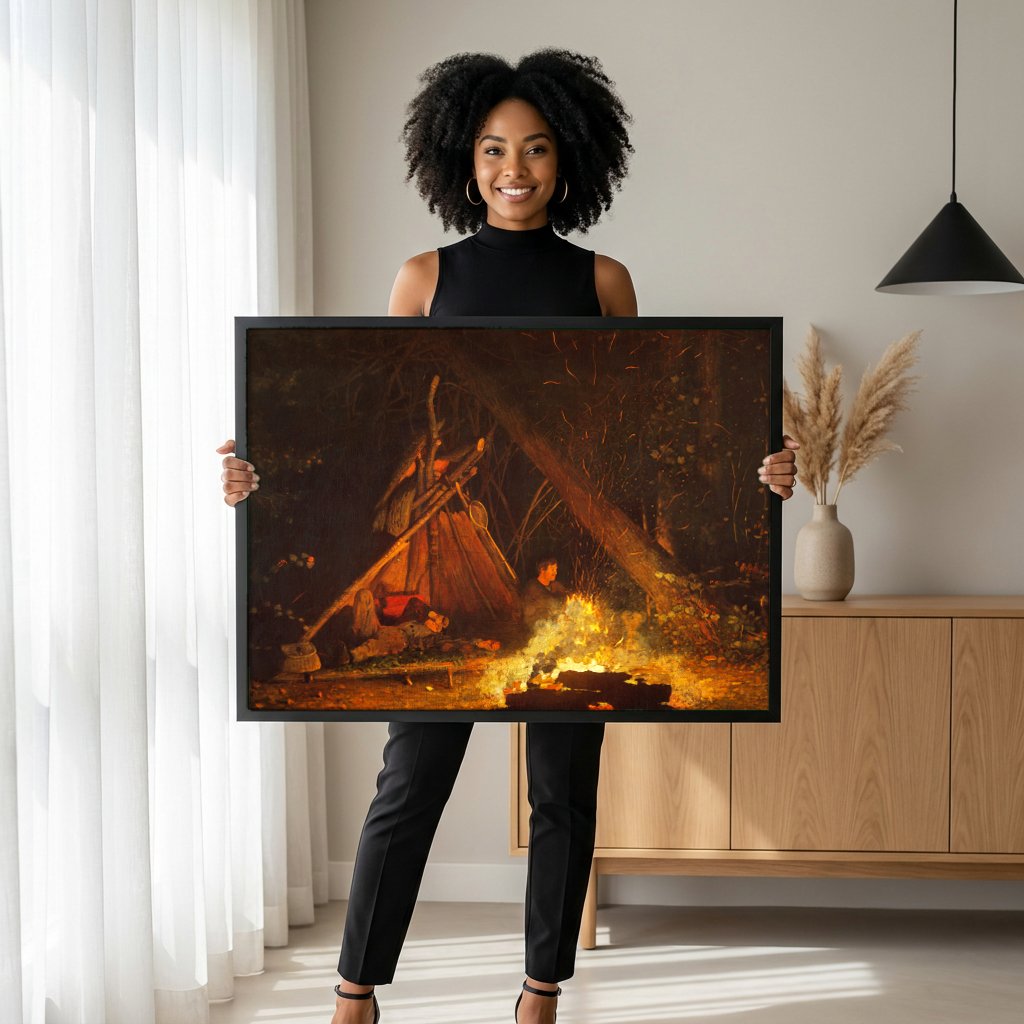 Quadro Decorativo A Fogueira do Acampamento - Winslow Homer com modelo em ambiente