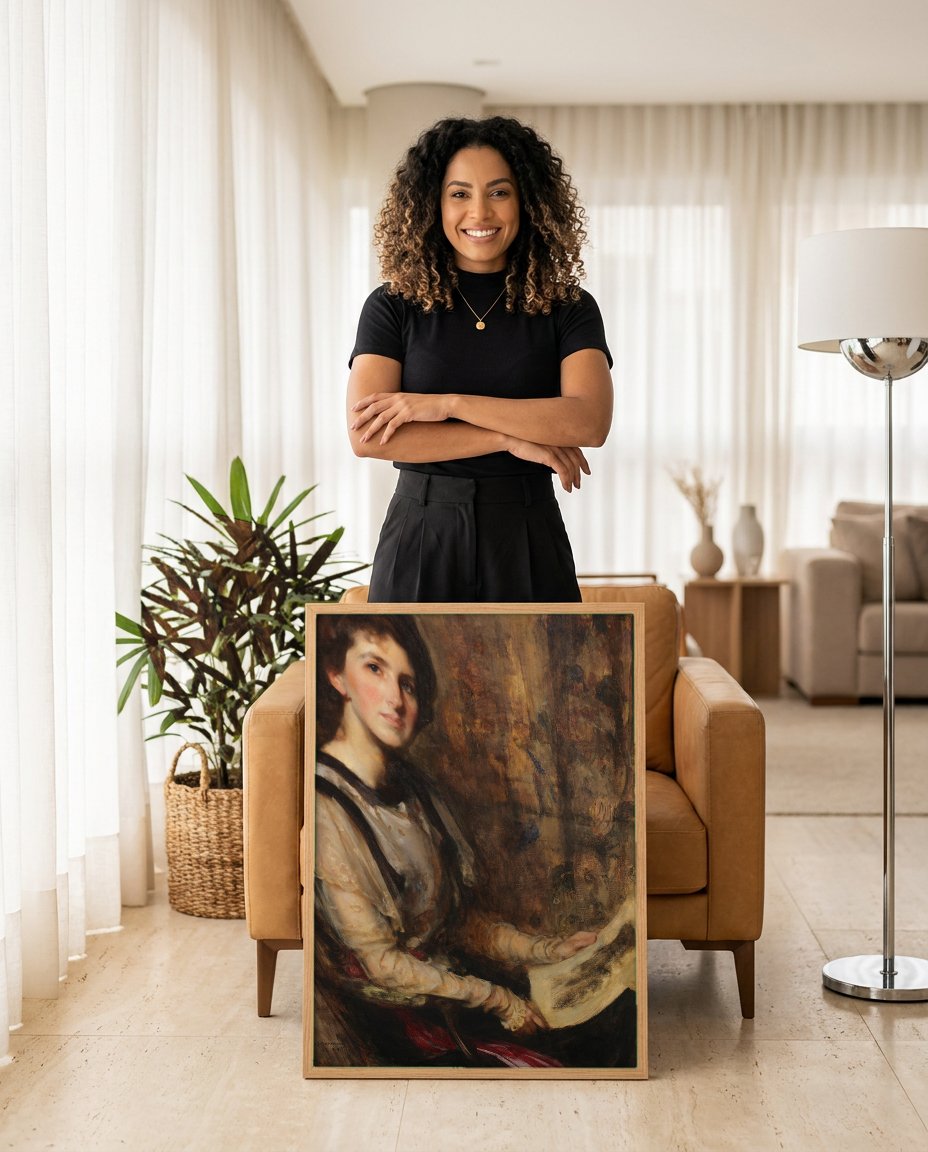 Quadro Decorativo Retrato de Mulher - James Jebusa Shannon com modelo em ambiente
