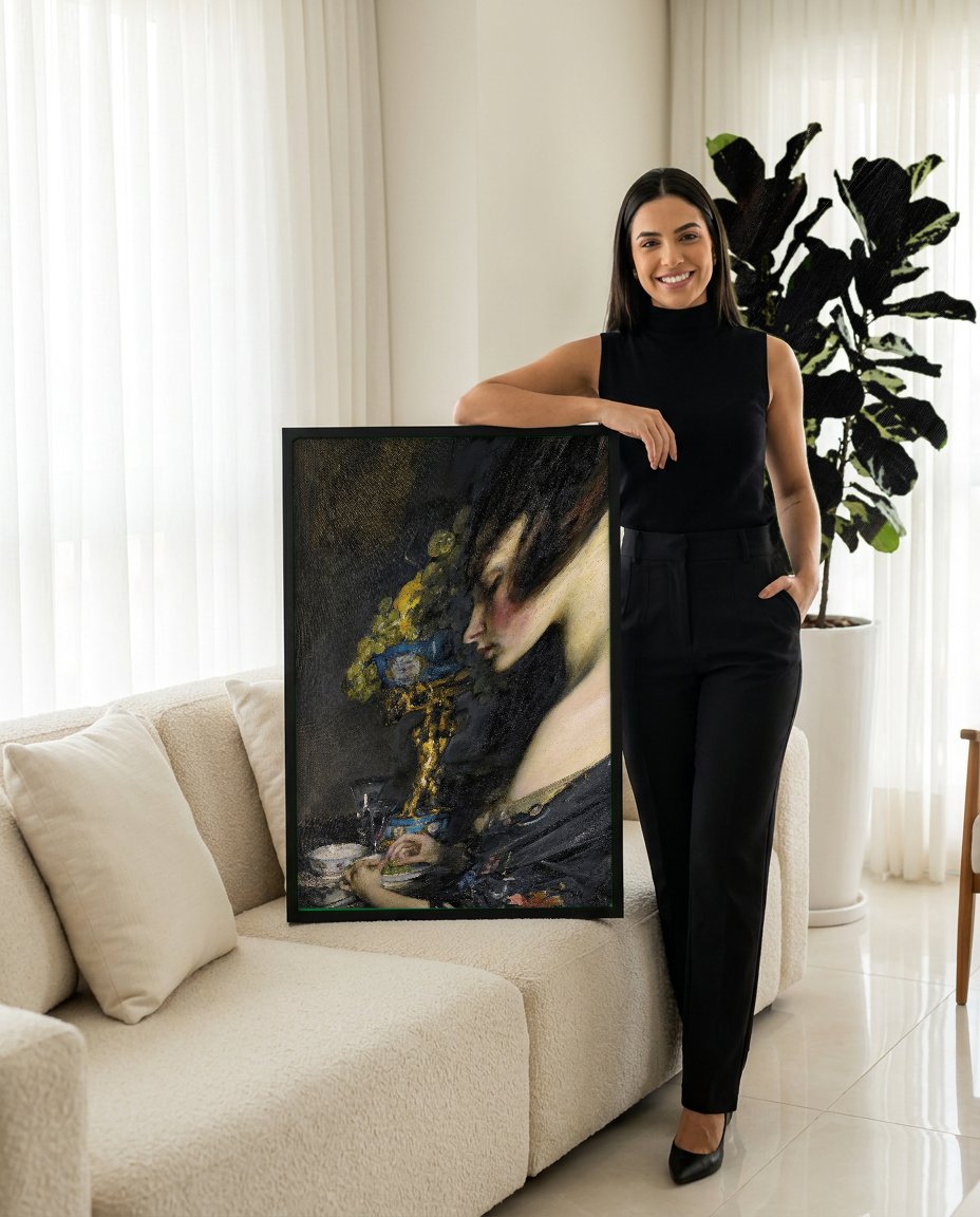 Quadro Decorativo A Mulher das Uvas - James Jebusa Shannon com modelo em ambiente