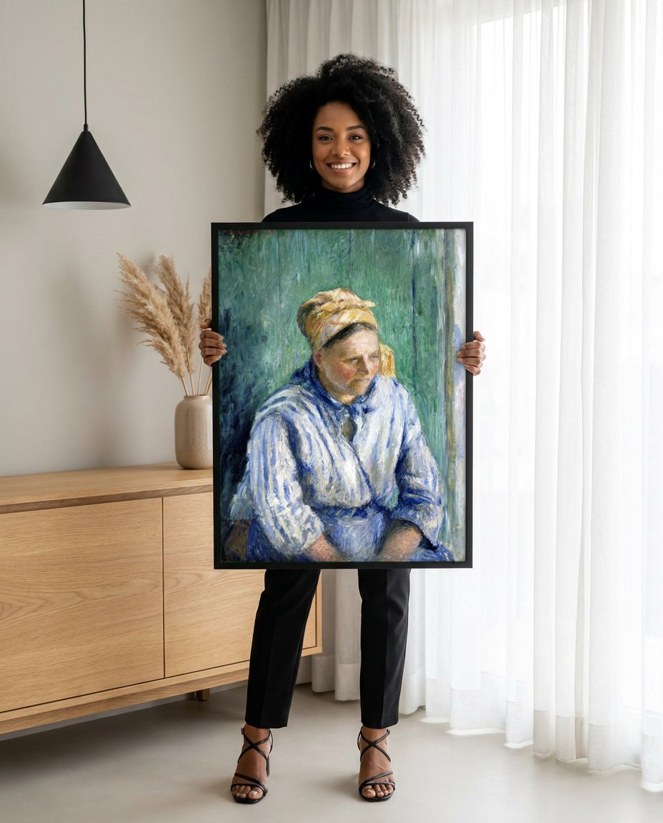 Quadro Decorativo Camponesa Sentada - Camille Pissarro com modelo em ambiente