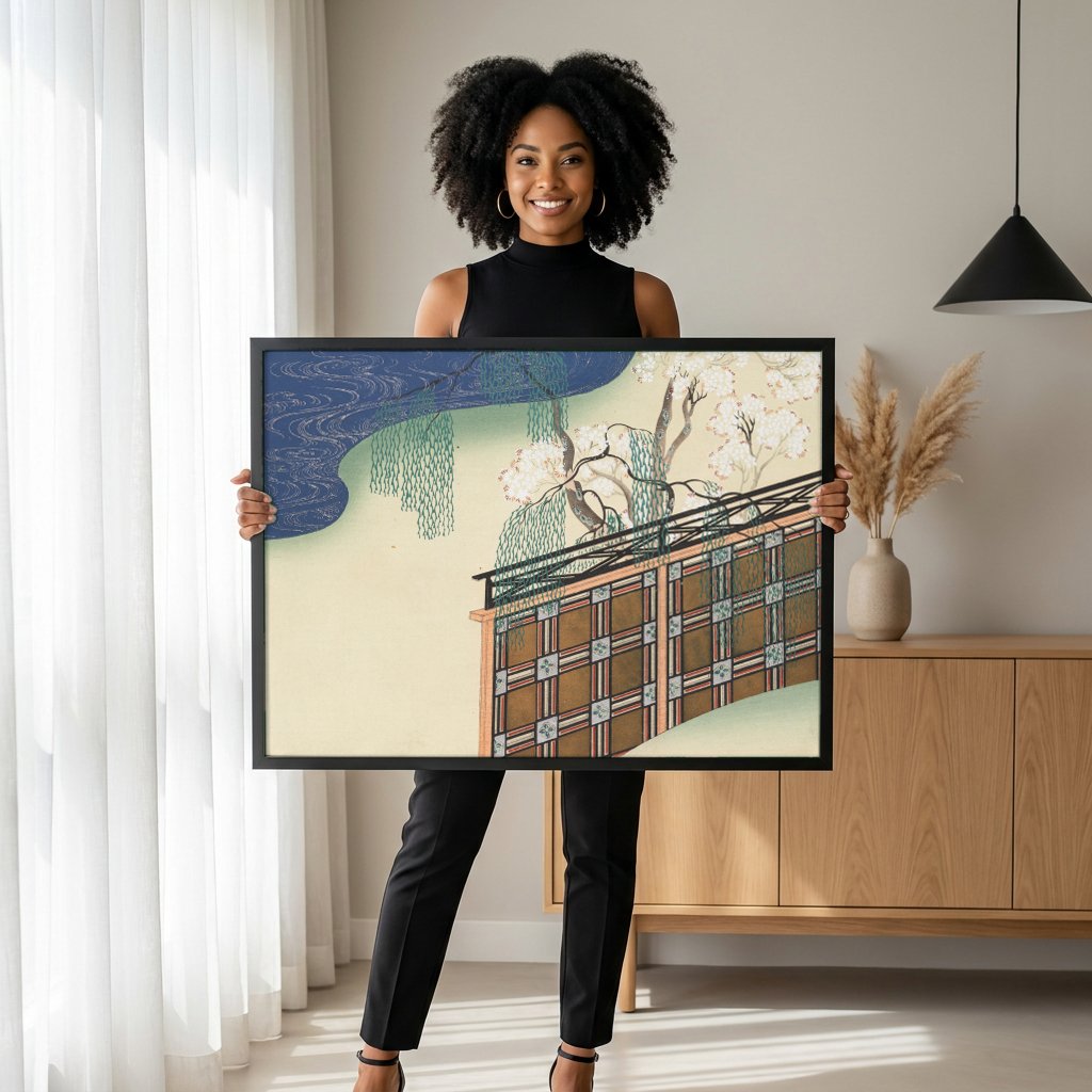 Quadro Decorativo Jardins Japoneses - Kamisaka Sekka com modelo em ambiente