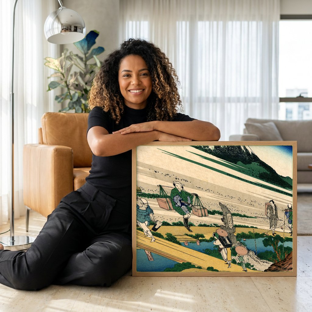 Quadro Decorativo A Travessia de Sagami - Katsushika Hokusai com modelo em ambiente
