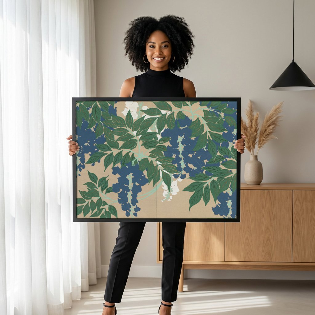 Quadro Decorativo Wisteria (Glicínia) - Kamisaka Sekka com modelo em ambiente