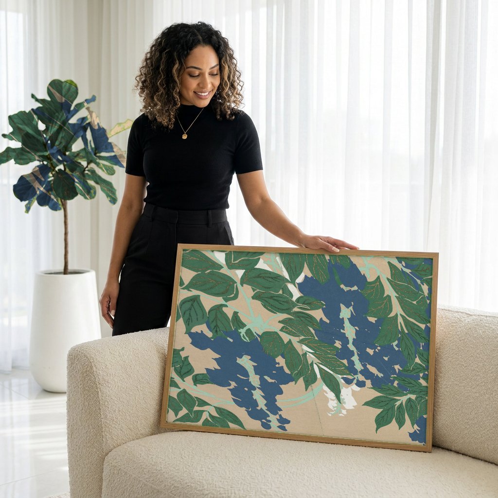 Quadro Decorativo Wisteria (Glicínia) - Kamisaka Sekka com modelo em ambiente