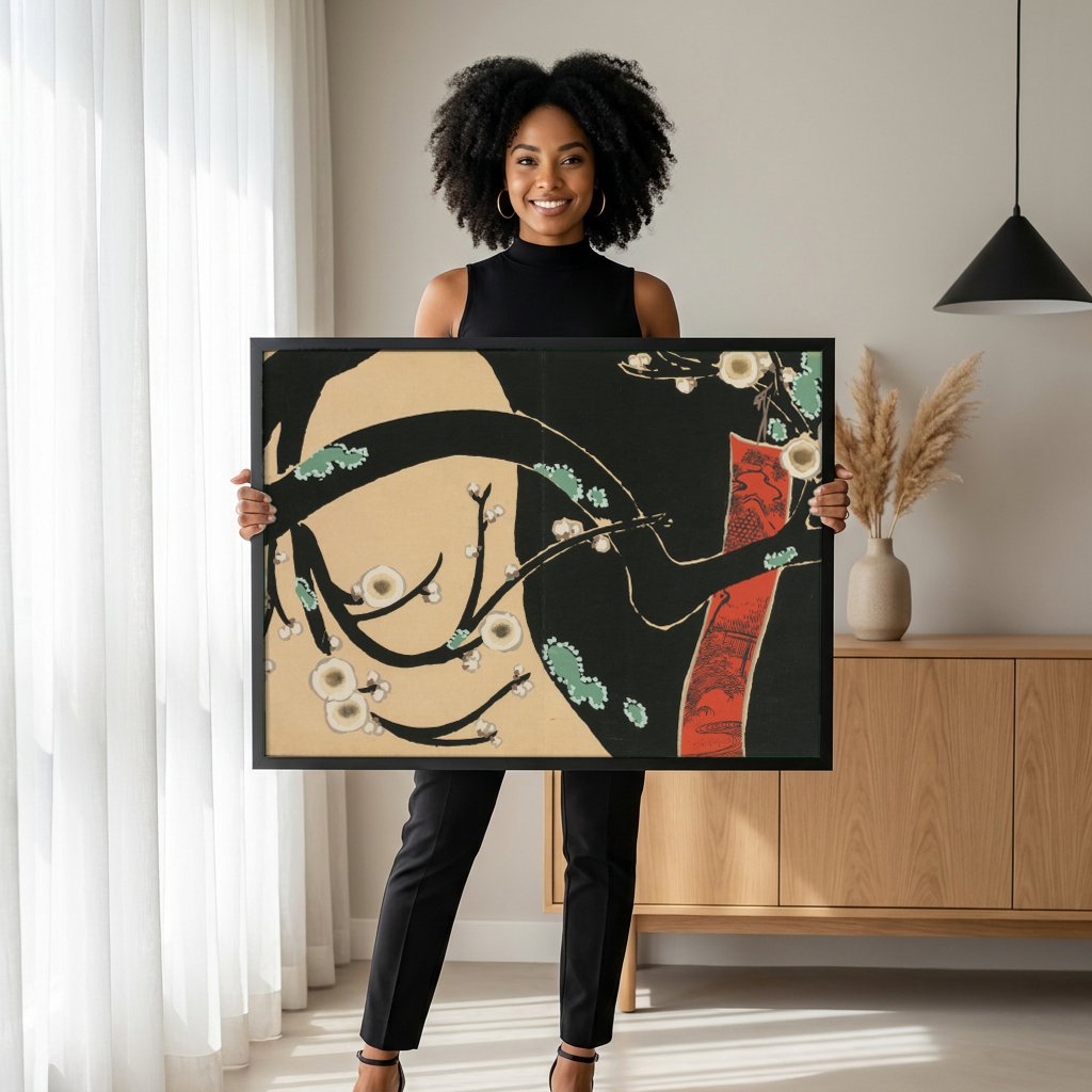 Quadro Decorativo Ameixeira em Flor - Kamisaka Sekka com modelo em ambiente