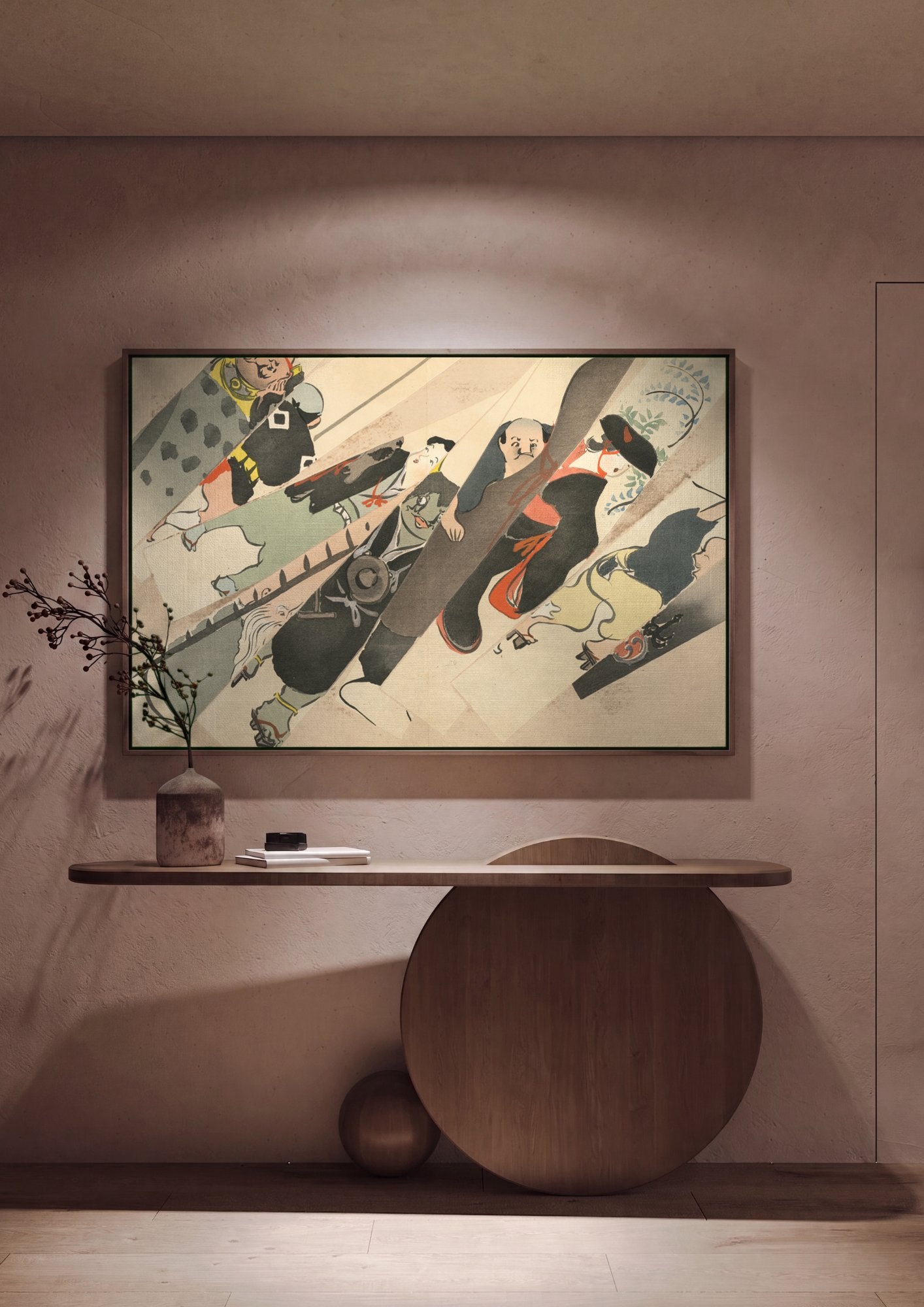 Quadro Decorativo Figuras em Faixas - Kamisaka Sekka em ambiente decorado