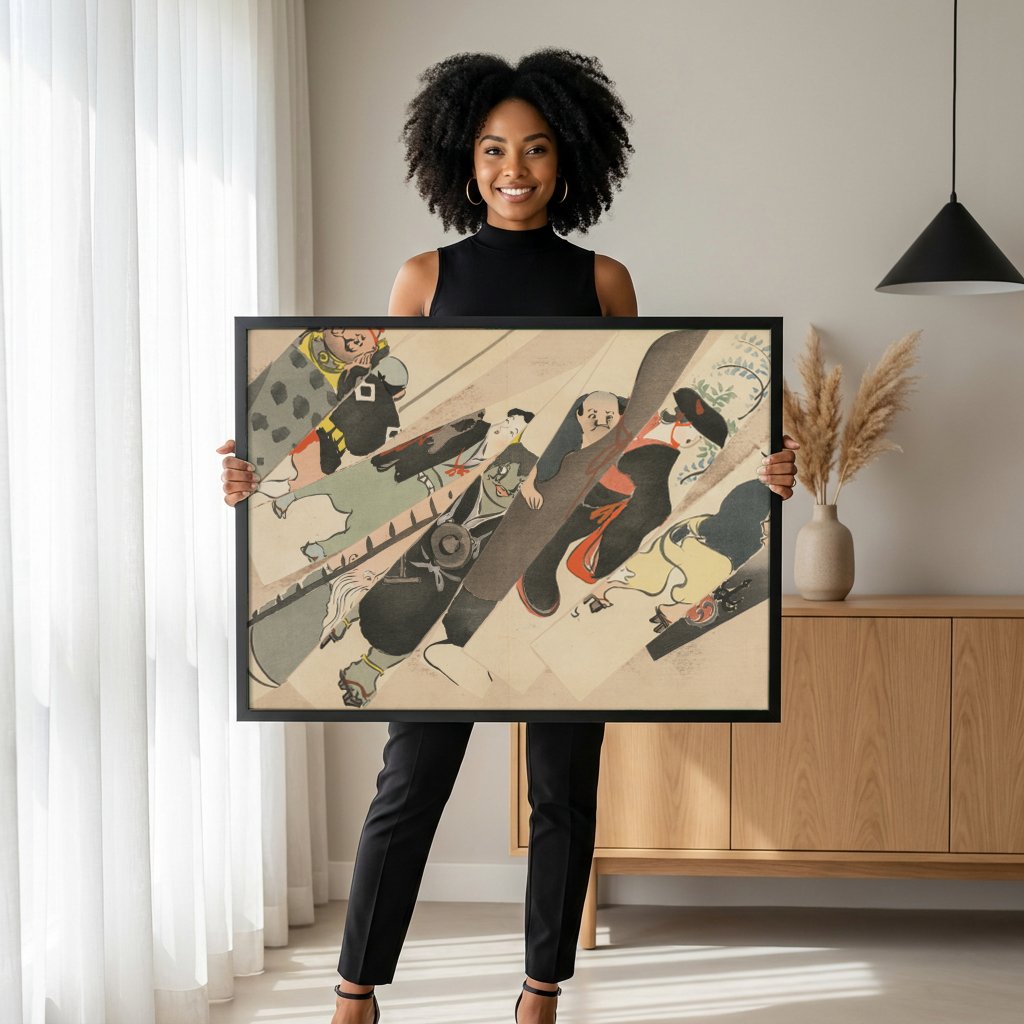 Quadro Decorativo Figuras em Faixas - Kamisaka Sekka com modelo em ambiente