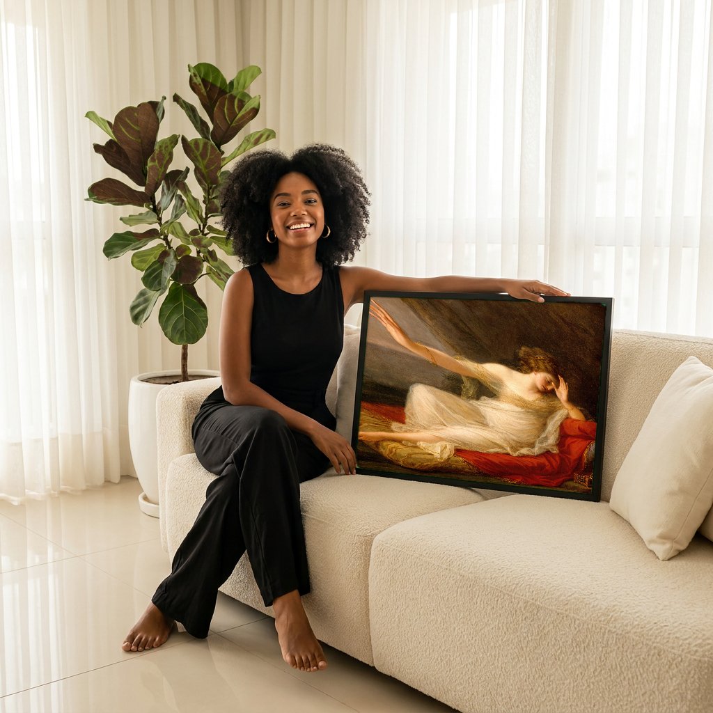 Quadro Decorativo Penélope Adormecida - Angelica Kauffmann com modelo em ambiente