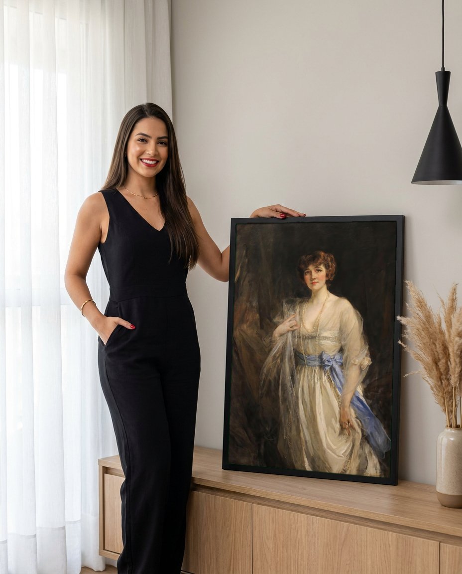Quadro Decorativo Retrato de Lady Diana Manners - J. J. Shannon com modelo em ambiente