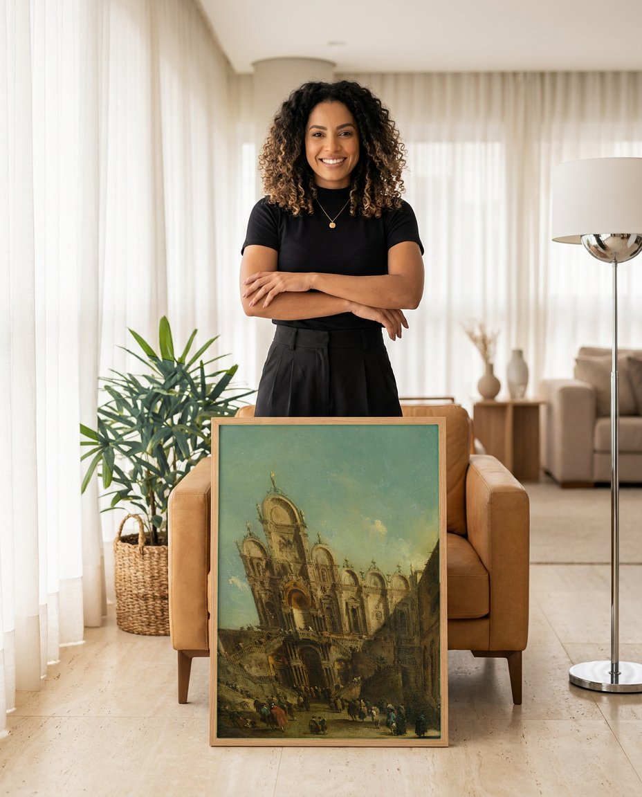 Quadro Decorativo Arquitetura Veneziana - Guardi com modelo em ambiente