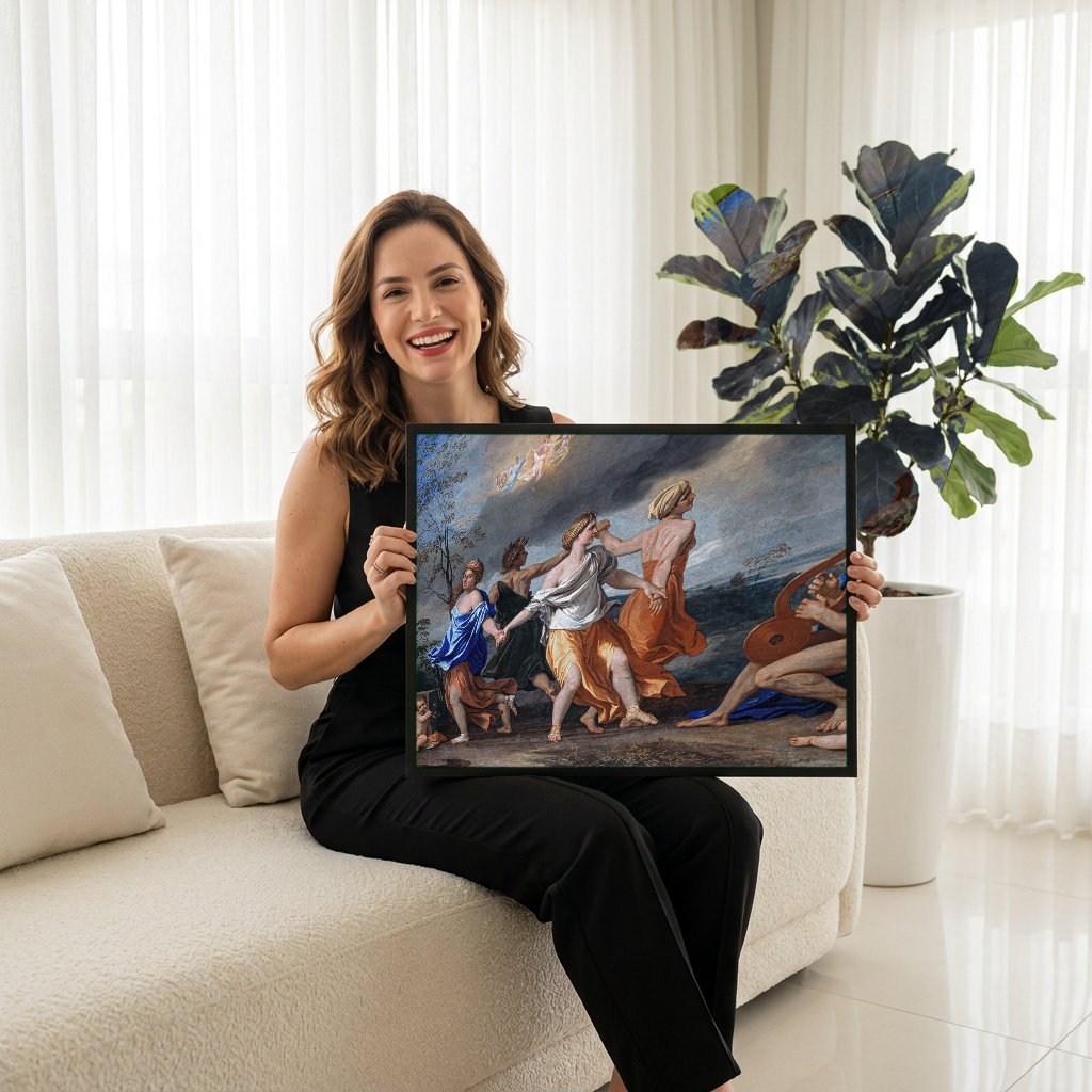 Quadro Decorativo A Dança da Vida Humana - Nicolas Poussin com modelo em ambiente
