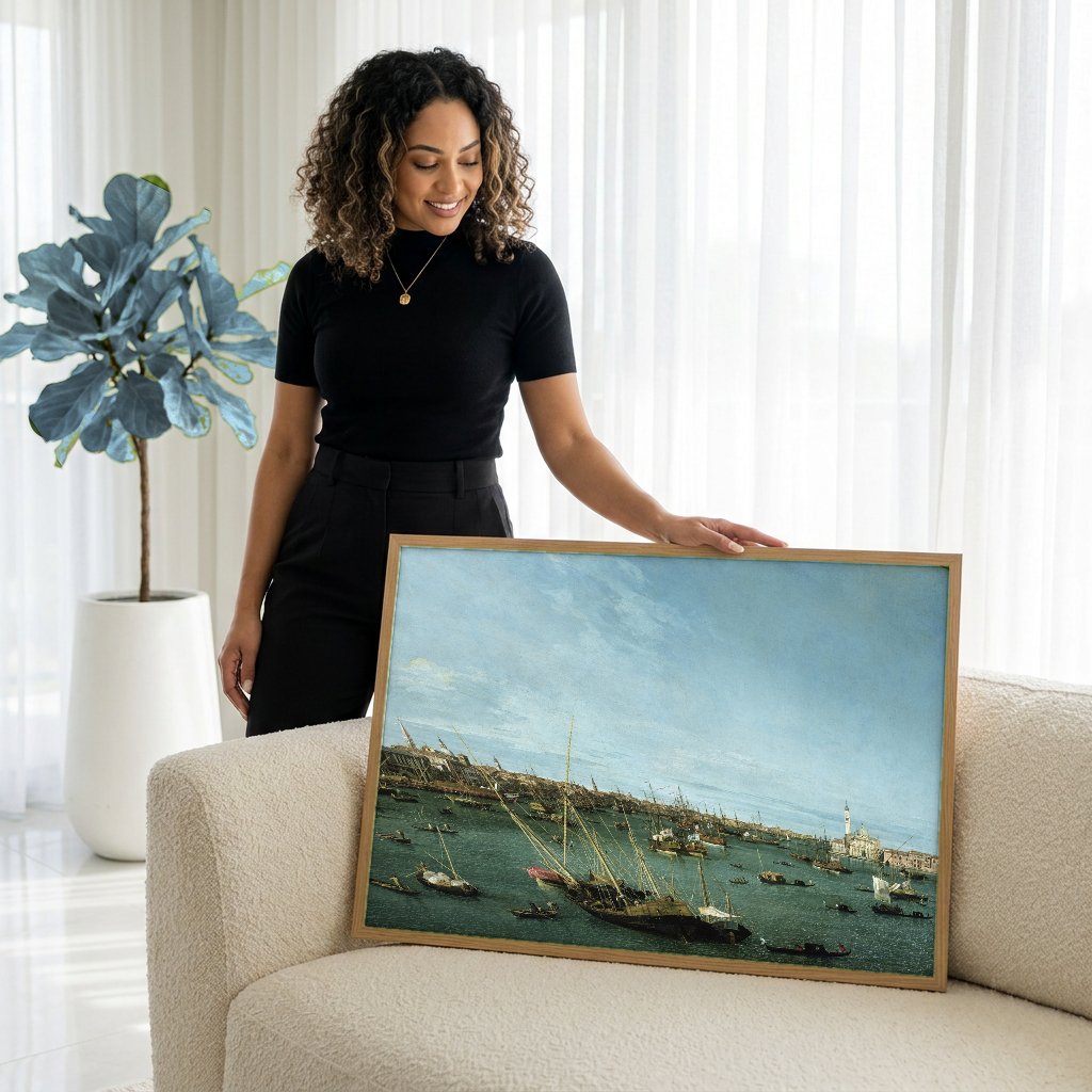 Quadro Decorativo 'A Lagoa de Veneza' - Canaletto com modelo em ambiente
