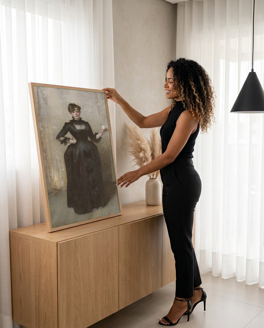 Quadro Decorativo Senhora com Rosa Branca - John Singer Sargent com modelo em ambiente
