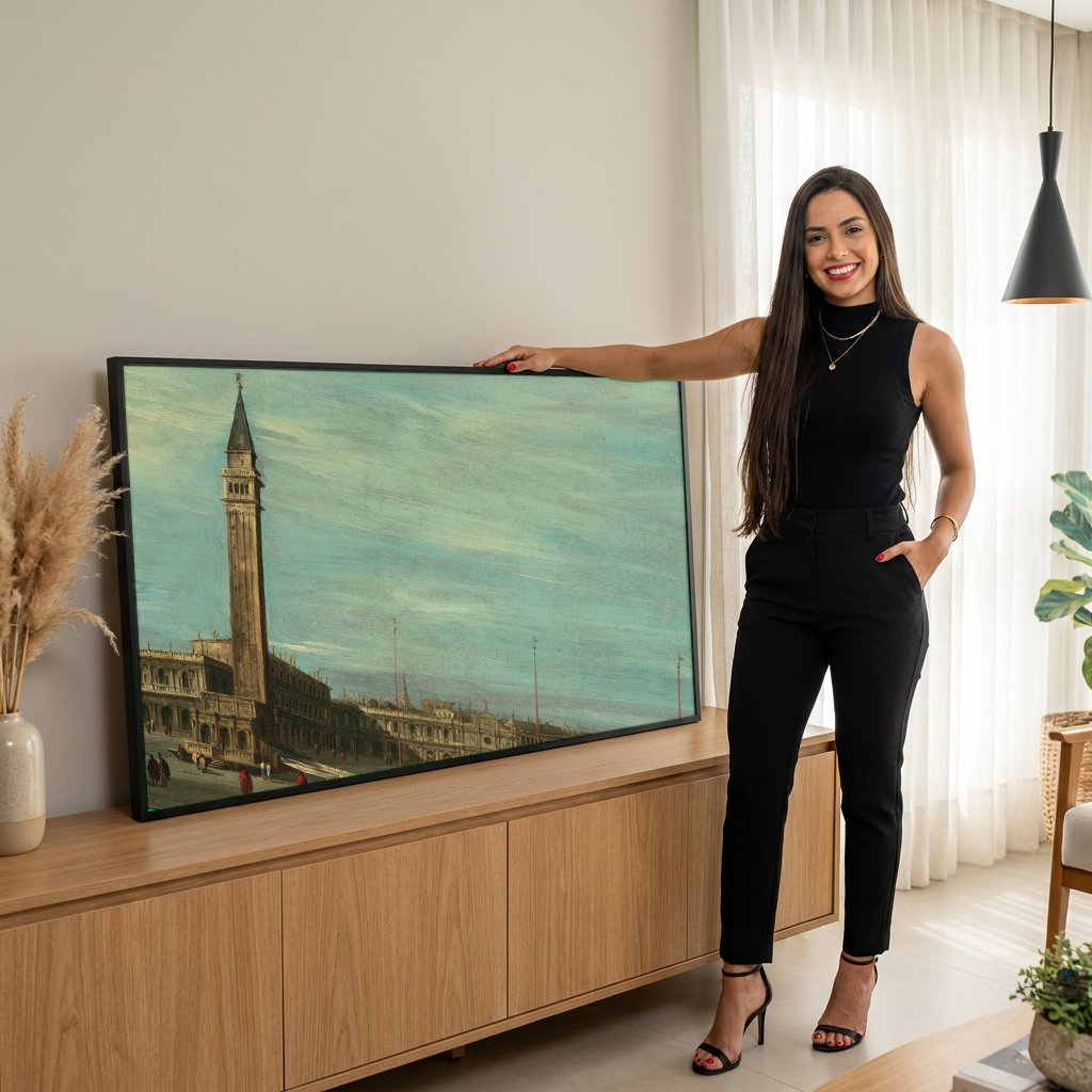 Quadro Decorativo Piazza San Marco - Francesco Guardi com modelo em ambiente