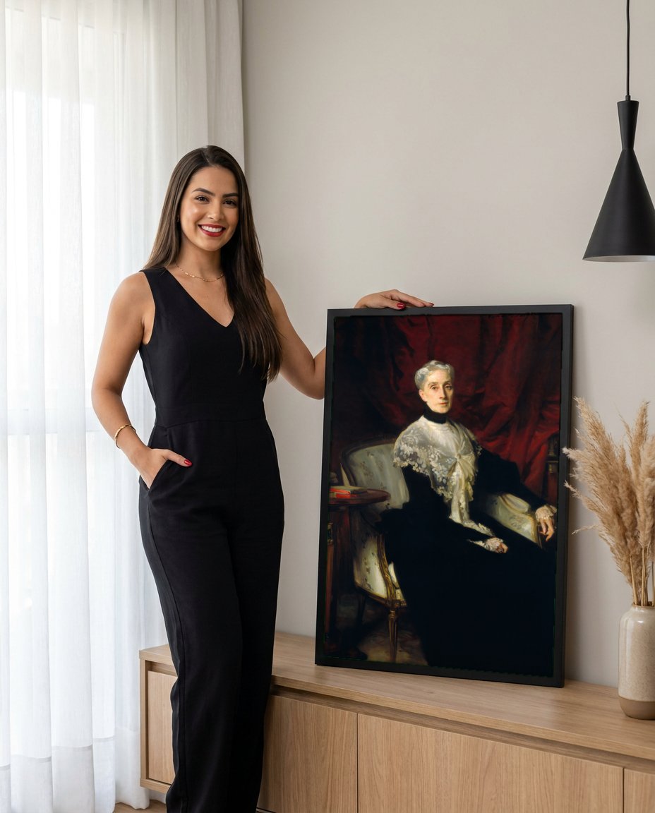 Quadro Decorativo Senhora com Xale Branco - John Singer Sargent com modelo em ambiente