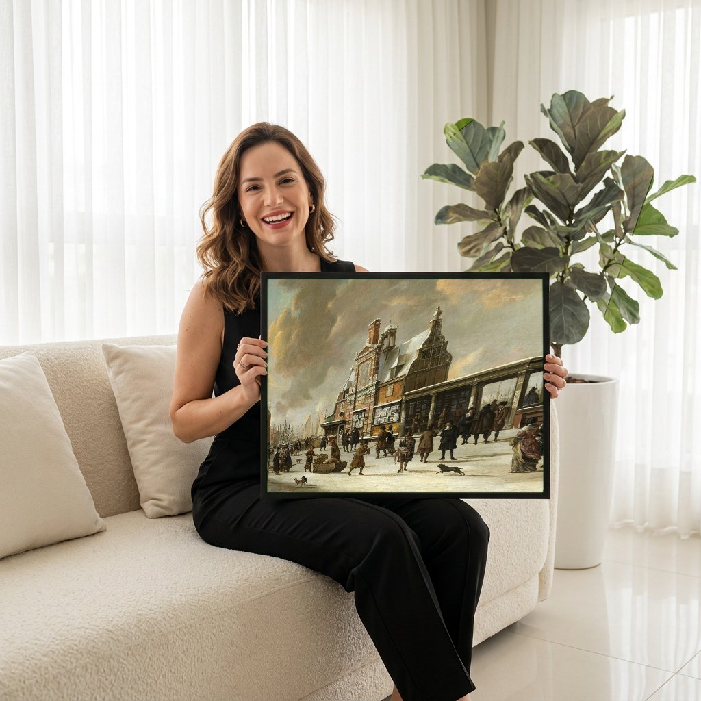 Quadro Decorativo Cena de Inverno Holandesa - Beerstraaten com modelo em ambiente