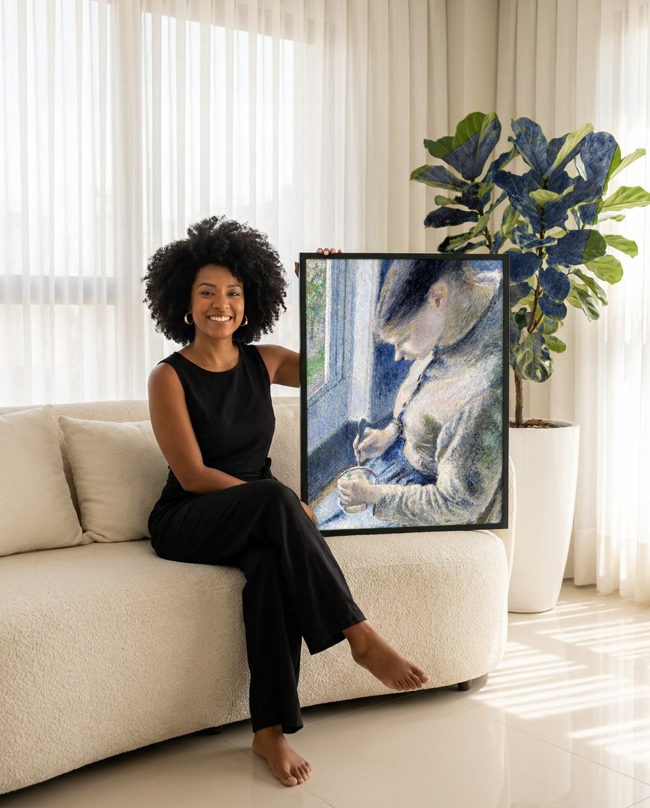 Quadro Decorativo Jovem Mulher Costurando - Pissarro com modelo em ambiente