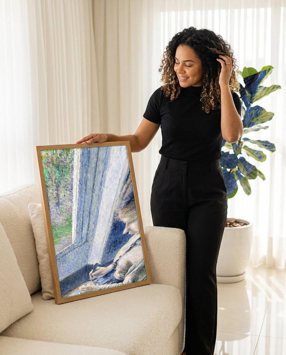 Quadro Decorativo Jovem Mulher Costurando - Pissarro com modelo em ambiente